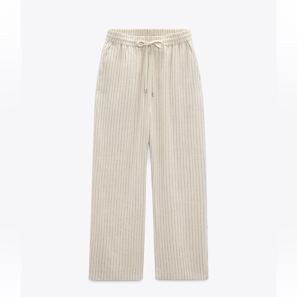 Zara Striped Beige Linen Cropped Rustic Pant Size Small